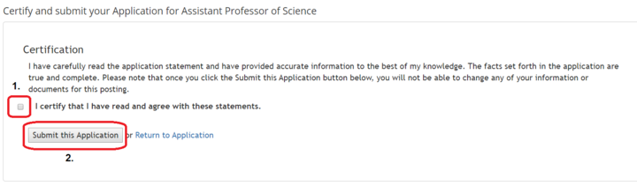 Image of Applicant Portal: Click Cert and Submit