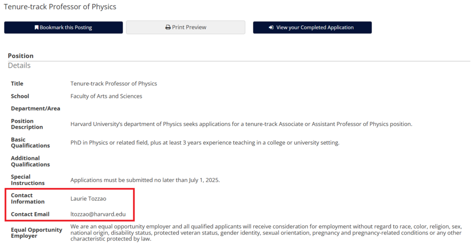 A job ad in the applicant portal. The Contact Information and Contact Email information is highlighted.
